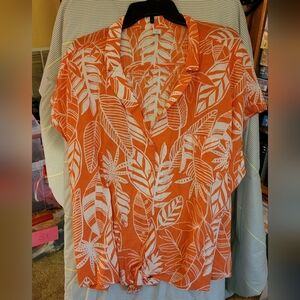 Old Navy Peach & White Tropical Hawaiian Design Button Up & Tie at Waist XXL Top